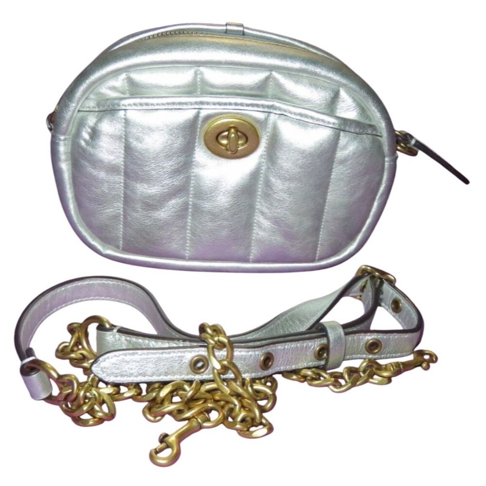 Coach 2021 Campbell quilted silver metallic calf leather crossbody camera bag